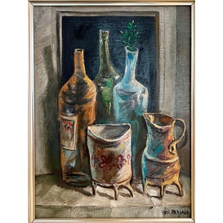 Yosl Bergner, Israeli Yosl Bergner Modernist OIl Painting Kitchen Bottles Coffee, Vase For Sale
