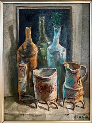 Yosl Bergner, Israeli Yosl Bergner Modernist OIl Painting Kitchen Bottles Coffee, Vase