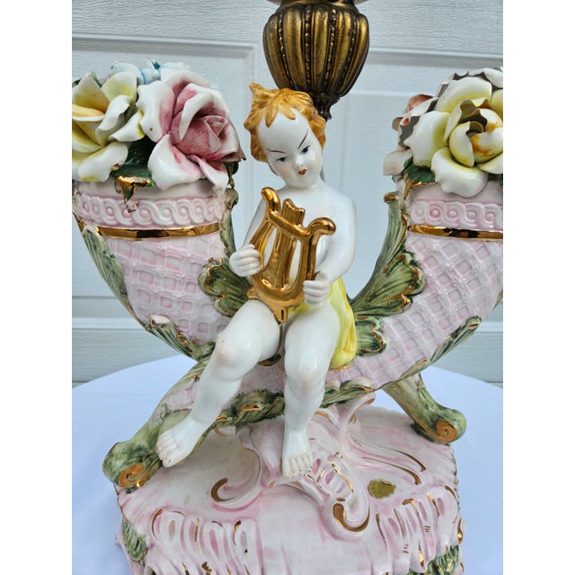 Glass Italian Cherub and Lyre Cornucopia Lamp For Sale - Image 7 of 18