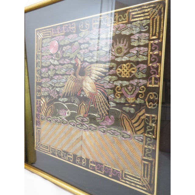 Antique Pair of Qing Dynasty Chinese Embroidered Silk Buzi Civil Rank Badges ~ Gold Frame For Sale - Image 13 of 17