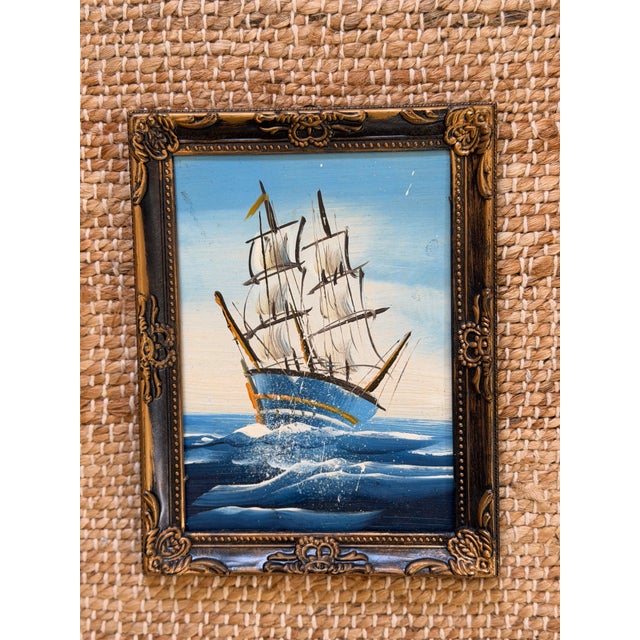 Wood Small Vintage Ship Painting For Sale - Image 7 of 7
