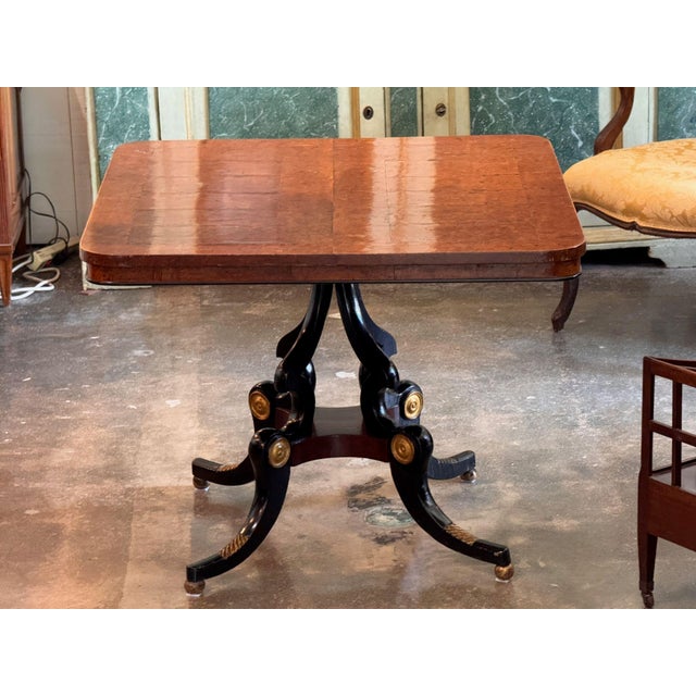 Traditional Early 19th Century Regency Burled Walnut Table With Ebonized and Gilt Base For Sale - Image 3 of 9