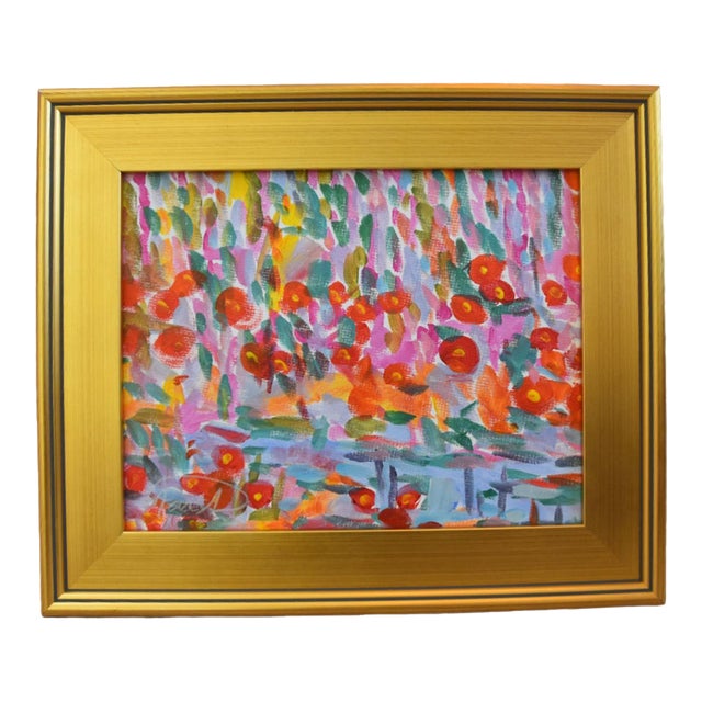 Impressionist Red Poppies Floral Landscape Painting Including the Antiqued Gold Wood Frame For Sale