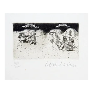 Vintage Brigitte Coudrain Abstract Desert Chariots Horses Joram Jeru Etching