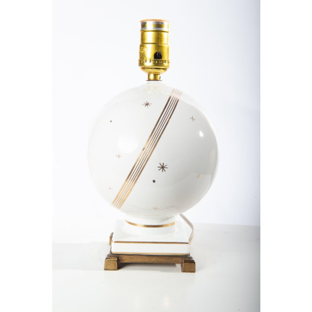 Art Deco 1940s White Globe Lamp With Gold Stars & Milky Way With Shade For Sale - Image 3 of 5