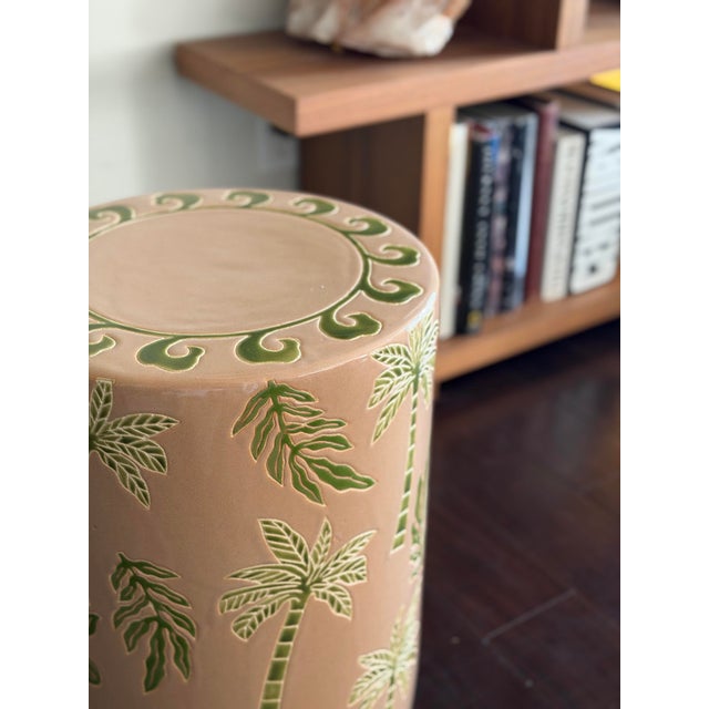 Made Goods Tropical Palm Ceramic Garden Stool in Blush & Green Gloss Glaze Indoor Outdoor Side Table For Sale - Image 12 of 12