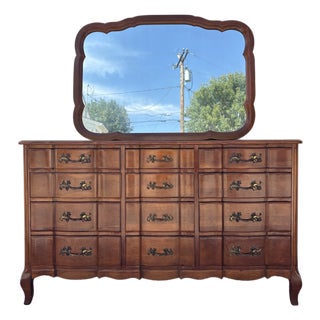 Vintage 1940s Solid Cherry 12-Drawer Serpentine French Provincial Triple Dresser and Matching Mirror Set For Sale