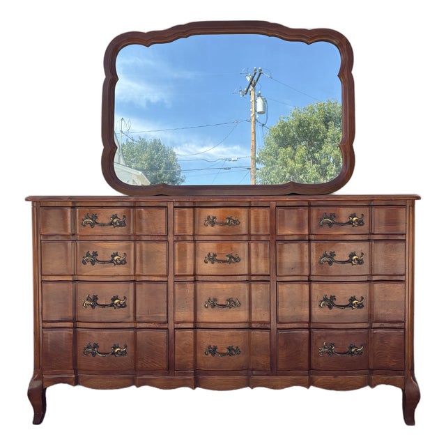 Vintage 1940s Solid Cherry 12-Drawer Serpentine French Provincial Triple Dresser and Matching Mirror Set For Sale