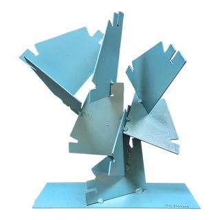 Painted Iron Modernist Sculpture in Teal Signed Joe Seltzer For Sale