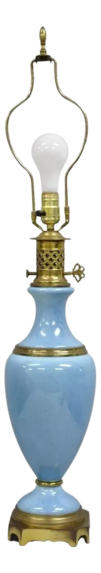 Vintage French Neoclassical Style Blue Porcelain Urn Form Brass Table Lamp