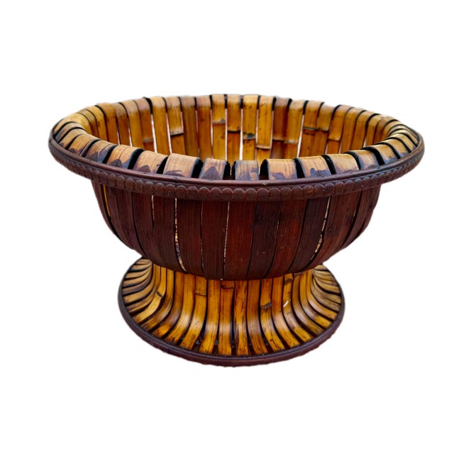 1960s Bamboo and Rattan Hand Woven Basket / Pedestal Centerpiece For Sale - Image 5 of 11