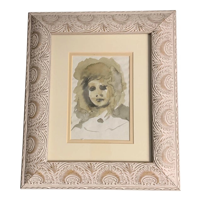 Original Vintage Portrait Watercolor in Vintage Frame For Sale