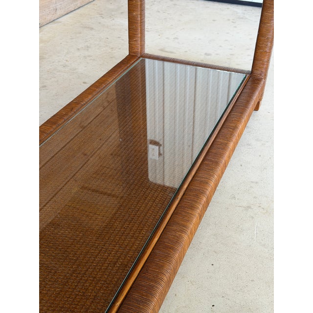 2010s Modern Coastal Rattan Wrapped Two-Tier Console Table With Glass Shelves For Sale - Image 5 of 12