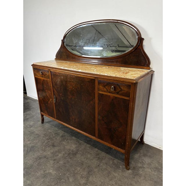 19th Century Art Nouveau Buffet in Burr Walnut with Marble Top and Oval Mirror, 1890s For Sale - Image 5 of 12