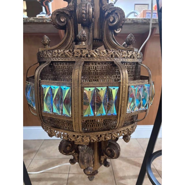 Gold Mid 20th Century Spanish Revival Prism Glass Lantern Chandelier - Ornate Hanging Light - 30" For Sale - Image 8 of 8