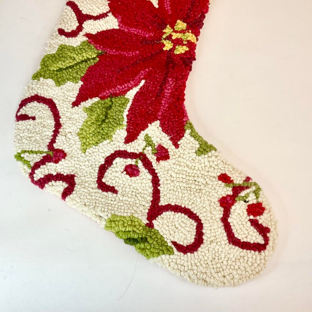Ruby Red 1980s Vintage Americana Boho Chic Needlepoint Christmas Poinsettia Stocking. For Sale - Image 8 of 8