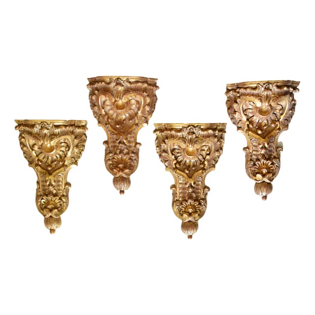 Regency Wall Consoles in Gilded Carved Wood, 1970s, Set of 4 For Sale