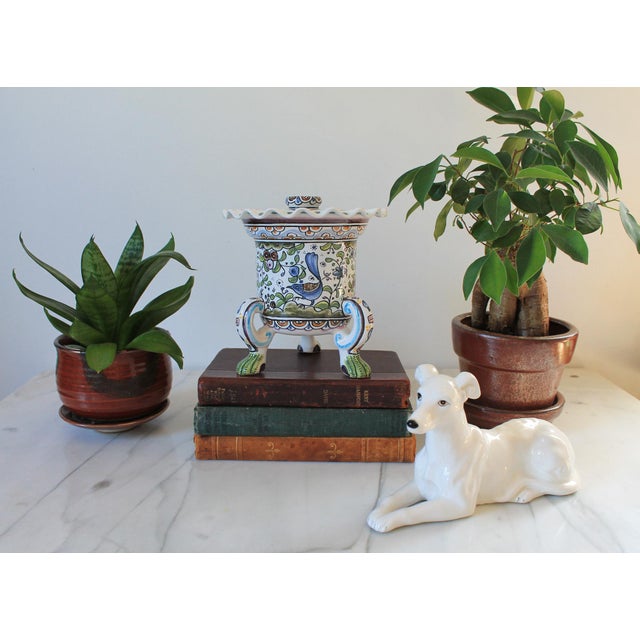 Vintage footed Ceramica Conimbriga hand-painted ceramic jardinière made in Portugal, featuring animal and floral motif.
