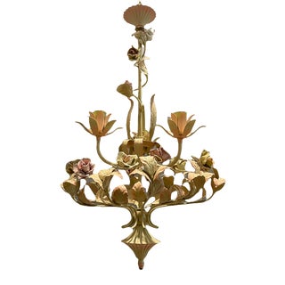 Italian Tole and Ceramic Rose Chandelier For Sale