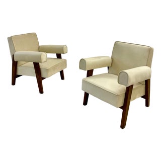 Authentic Pair of Pierre Jeanneret Upholstered Bridge Chairs, Mid-Century Modern For Sale