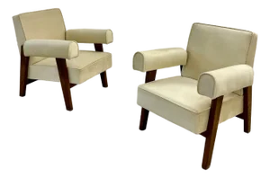 Authentic Pair of Pierre Jeanneret Upholstered Bridge Chairs, Mid-Century Modern