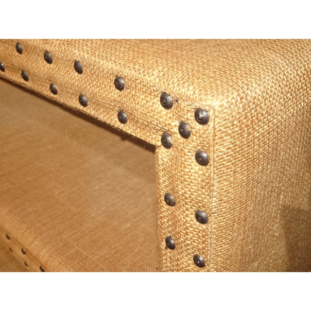Modern Golden Brown Burlap Bookcase W Decorative Nails For Sale - Image 12 of 15