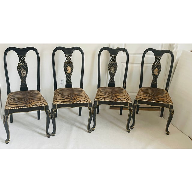 Shabby Chic Mackenzie Childs Style 4 Black Lacquer Chairs For Sale - Image 3 of 8