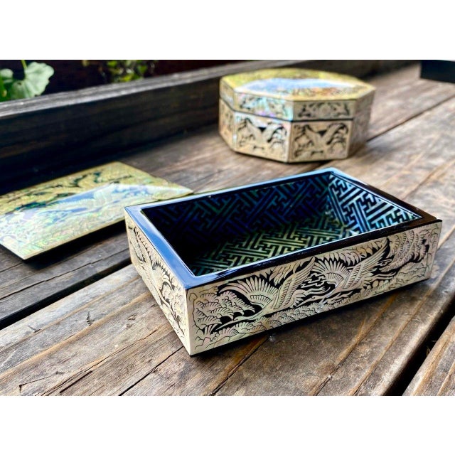 Korean Najeonchilgi Mother-of-Pearl Crane & Pine Lacquer Box, ImArt For Sale In San Francisco - Image 6 of 13