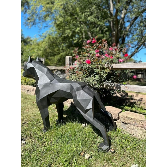 Handcrafted geometric pit bull sculpture in graphite gray — a bold 50"x20"h.39" (cm.128x51x98) faceted statement piece...