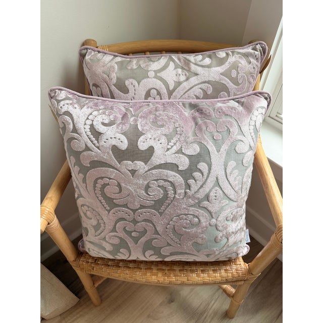 Elegant new-with-tags decorative throw pillows featuring a soft blush lilac velvet damask pattern. Finished with matching...