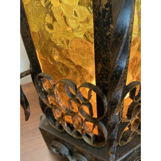 Pair Vintage Mid-Century Spanish Revival Table Lamps Wrought Iron Glass Panels, C. 60s For Sale - Image 10 of 12