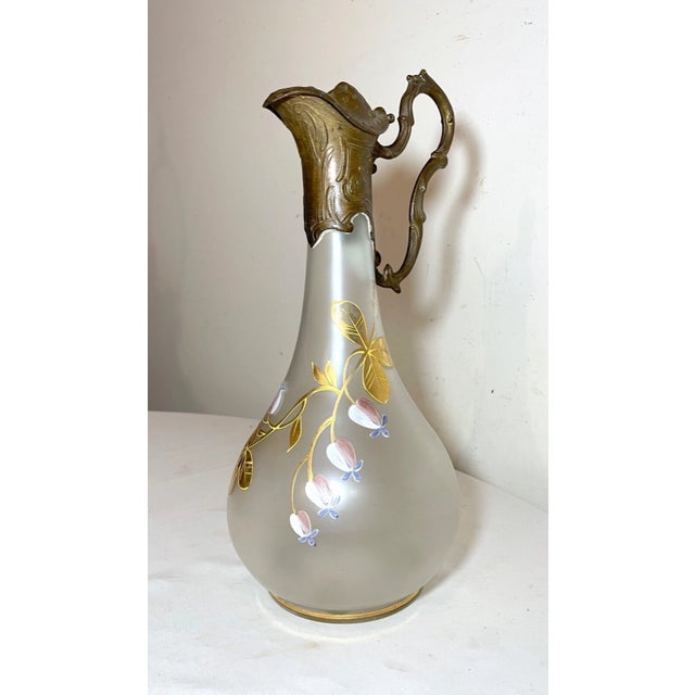 Victorian Antique 1800s Ornate Bronze Patinated Painted Frosted Glass Wine Claret Decanter For Sale - Image 3 of 12