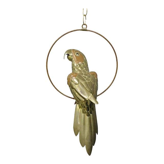 Vintage Sergio Bustamante Style Brass & Copper Parrot Swing Hanging Sculpture For Sale