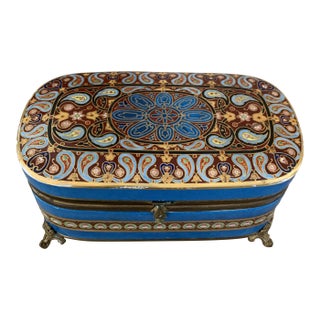 Antique French Large Handpainted Turquoise and Pink Porcelain Dresser Box For Sale