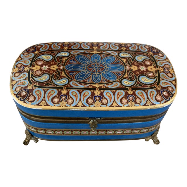 Antique French Large Handpainted Turquoise and Pink Porcelain Dresser Box For Sale
