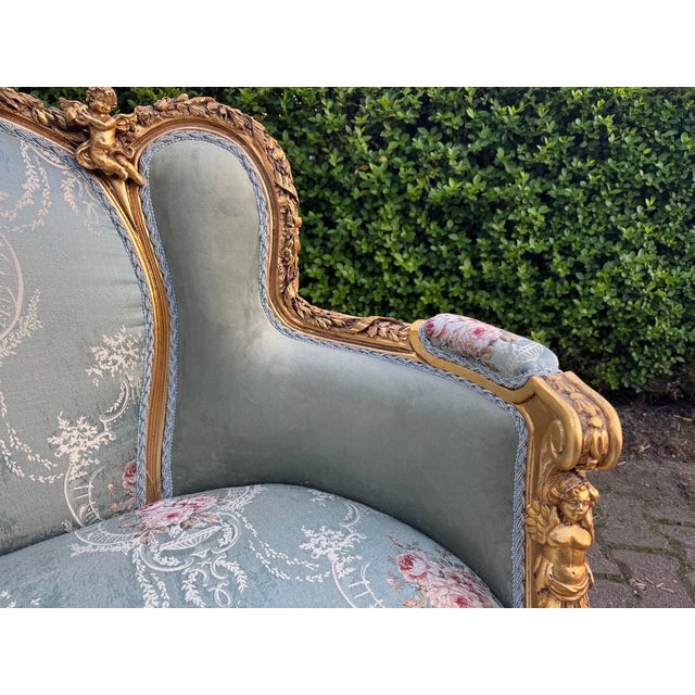 1950 French Louis XVI Gold Beech Damask Settee - 1 Pc For Sale - Image 10 of 14