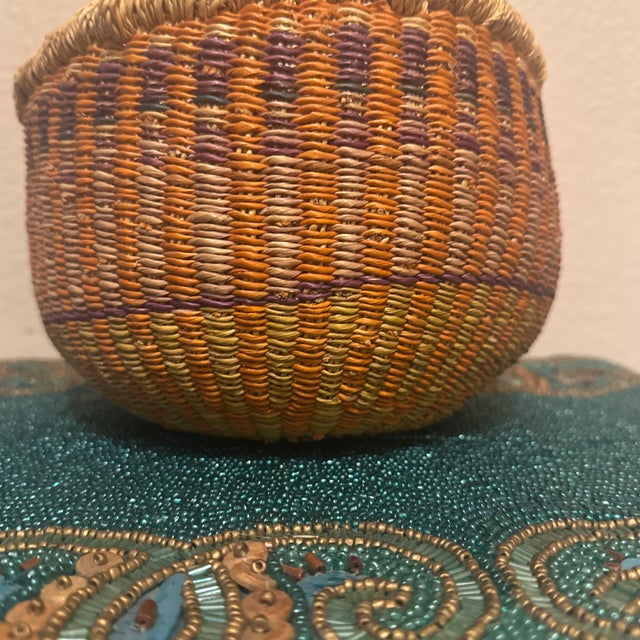 African Contemporary African Artisanal Handwoven Wicker & Leather Storage Market Basket For Sale - Image 3 of 10