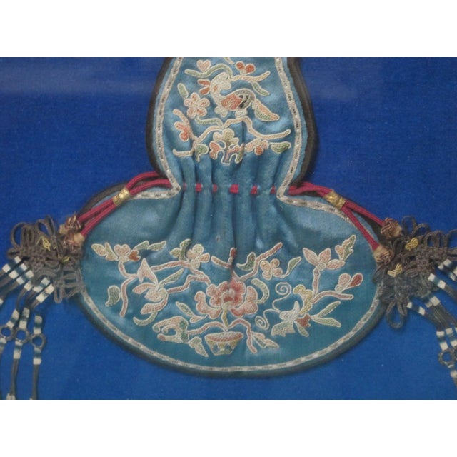 Mid 19th Century Framed Chinese Qing Dynasty Ornate Bird & Flower Embroidered Silk Purse Satchel For Sale - Image 5 of 9
