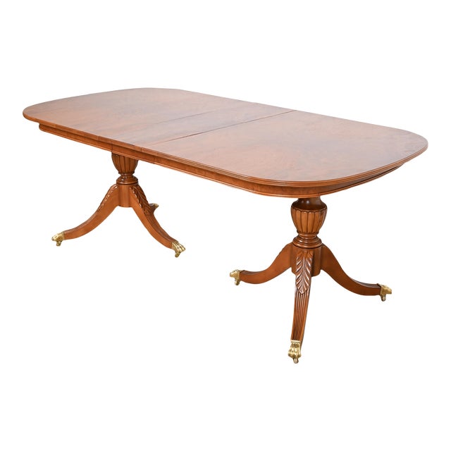 Flint & Horner Georgian Burled Walnut Double Pedestal Extension Dining Table, Newly Refinished For Sale