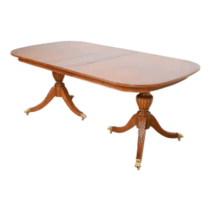 Flint & Horner Georgian Burled Walnut Double Pedestal Extension Dining Table, Newly Refinished