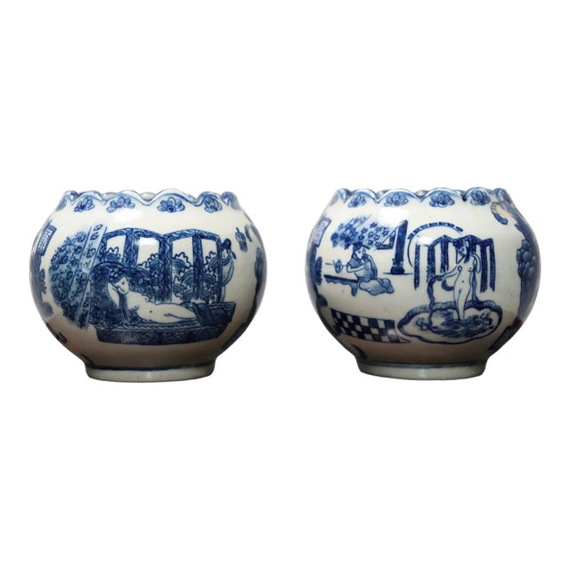 Vintage Blue and White Porcelain Pots X 2 For Sale