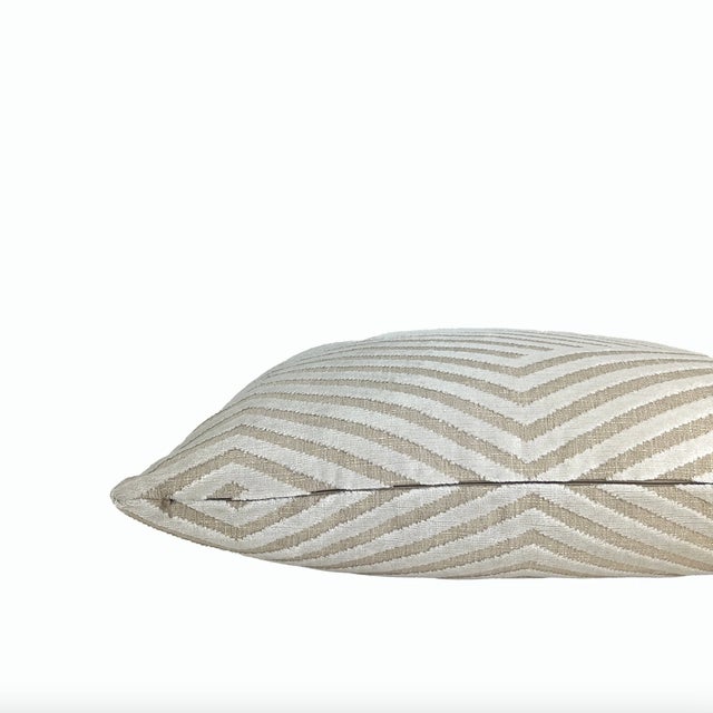 Cream Beige Alternative Stripe Velvet Throw Pillow With Feather Down Insert For Sale - Image 4 of 5