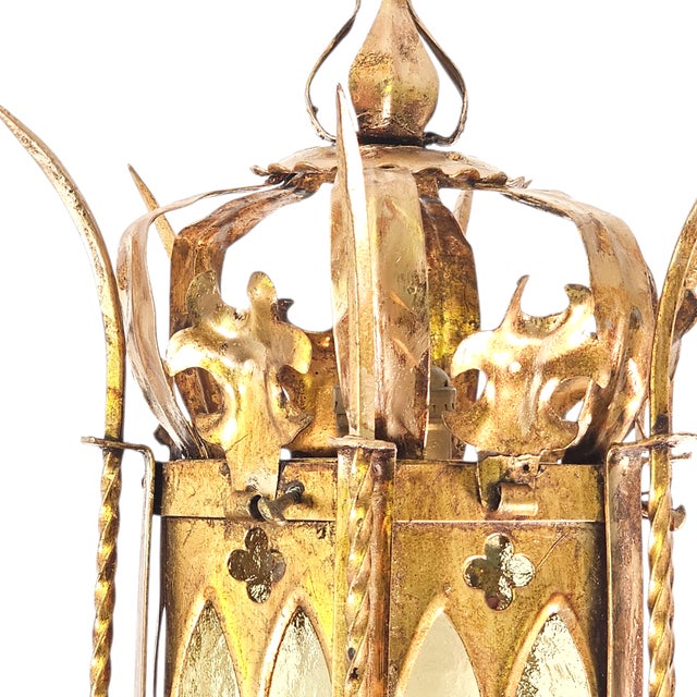 Spanish Revival Brass Lantern With Amber Glass Panels – Addison Mizner Gothic Mediterranean Pendant Light For Sale - Image 9 of 15