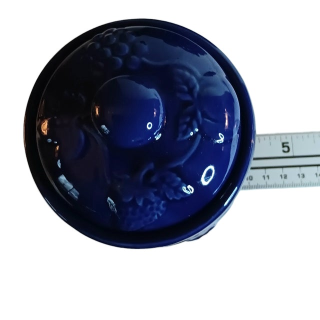 Set of Three (3) Vintage Cobalt Blue Ceramic Canisters Raised Fruit Grape Design For Sale - Image 13 of 14