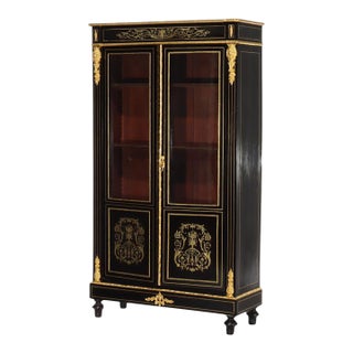 Antique French Louis XVI Style Ebonized & Gilt Bookcase With Ormolu Mounts For Sale