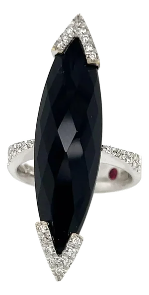 Roberto Coin Diamond Onyx 18k White Gold Long Marquise Shape Ring - Size 6