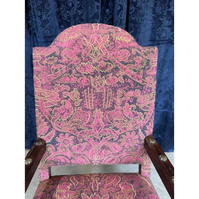 Jacobean Unusual Early 19th Century Jacobean Gothic Open Arm Chair Recently Reupholstered For Sale - Image 3 of 12