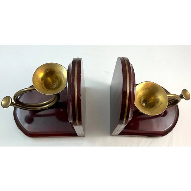 Vintage Wooden French Horn Brass Bookends-Pair For Sale - Image 6 of 7