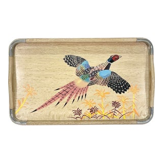 1960s Vintage Rustic Farmhouse Boho Chic Large Cerused Oak Pheasant Tray, Medium, Thanksgiving For Sale