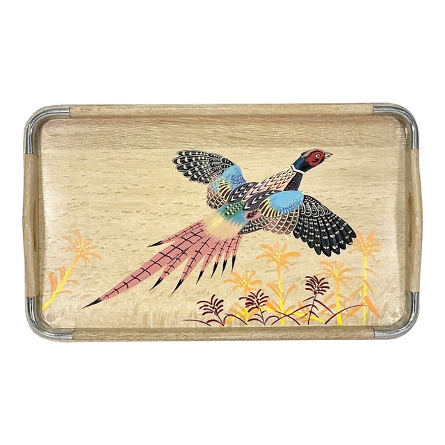 1960s Vintage Rustic Farmhouse Boho Chic Large Cerused Oak Pheasant Tray, Medium, Thanksgiving For Sale